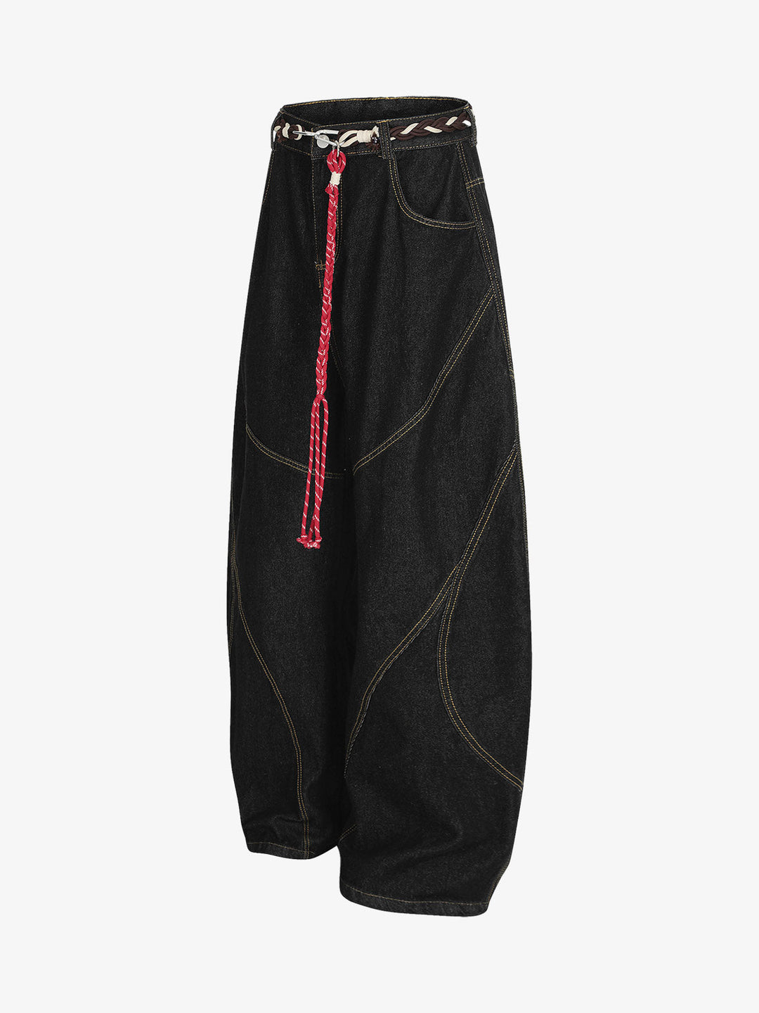 Denim Retro Belt Detail With Patchwork Barrel Jeans - 2490