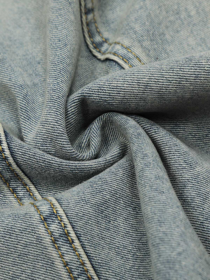 Denim Retro Belt Detail With Patchwork Barrel Jeans - 2490