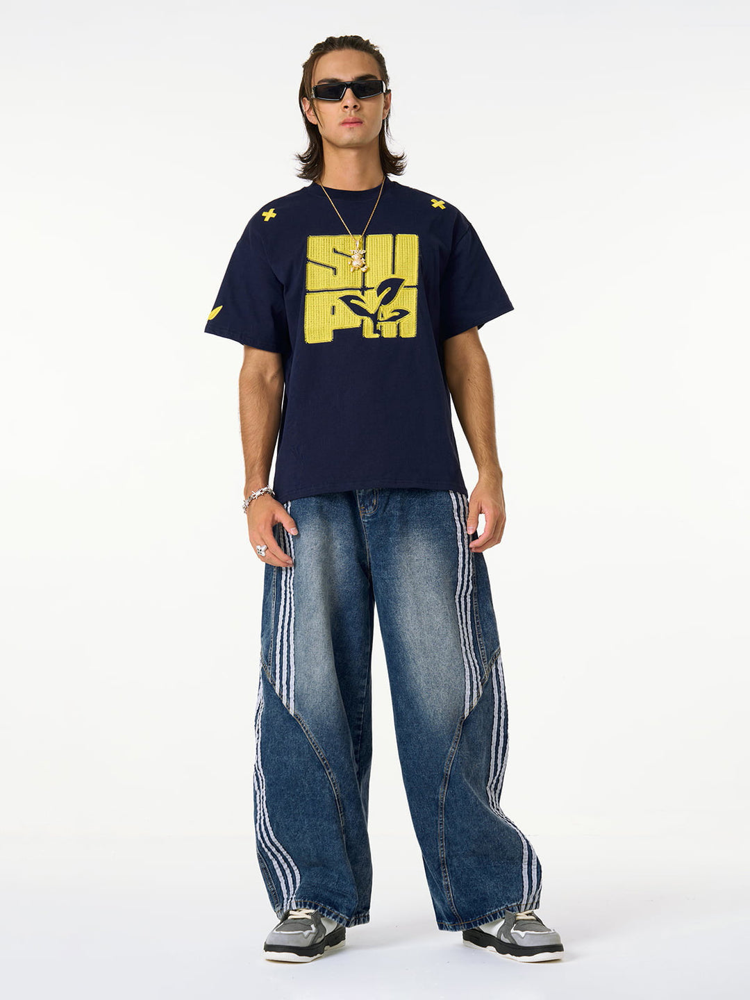 Denim Contrast Striped Stitching Barrel Jeans