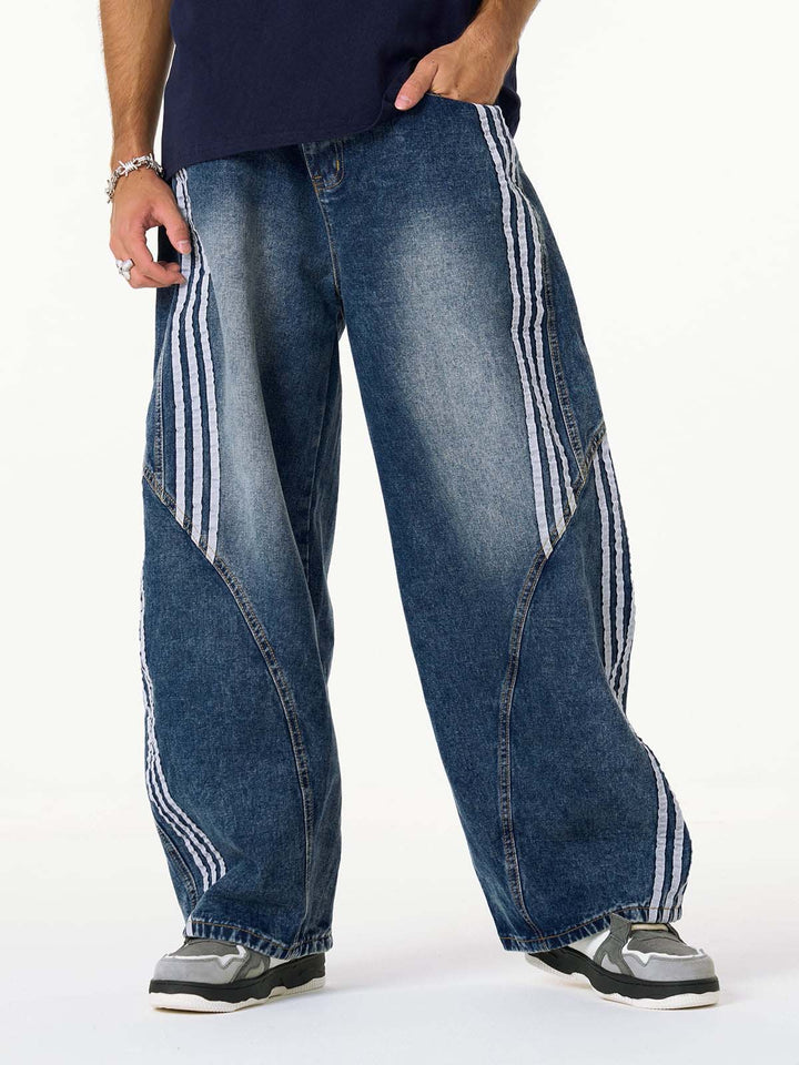 Denim Contrast Striped Stitching Barrel Jeans