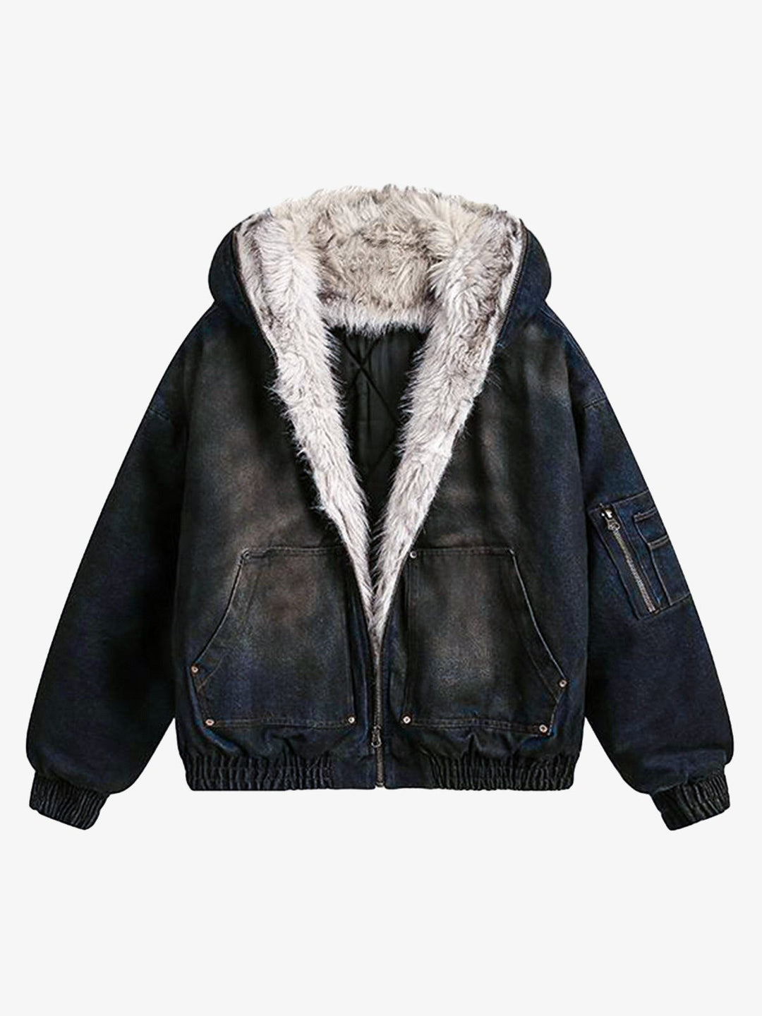 Thesupermade Washed Denim Fur Hooded Jacket - 2265