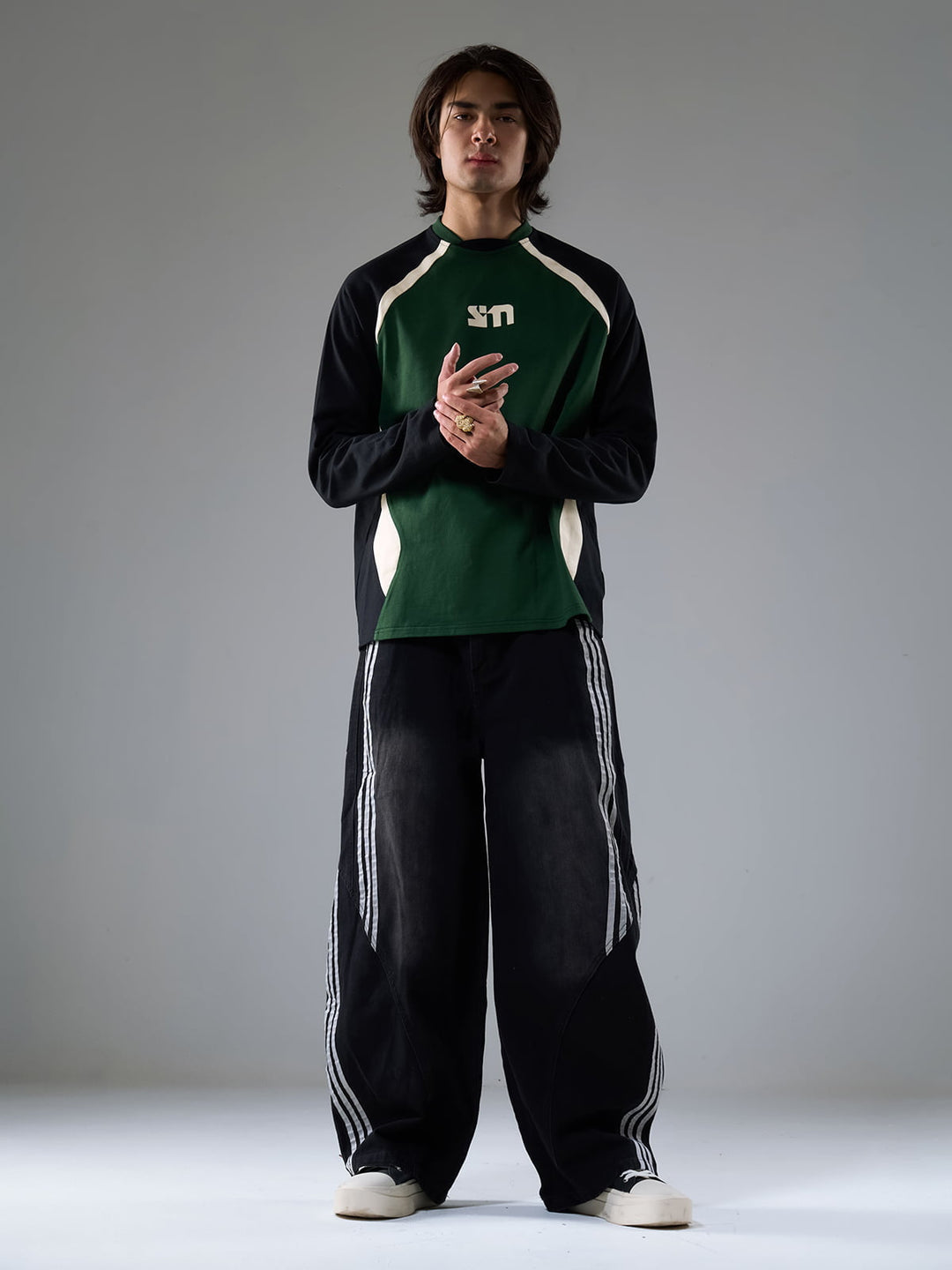 Denim Contrast Striped Stitching Barrel Jeans