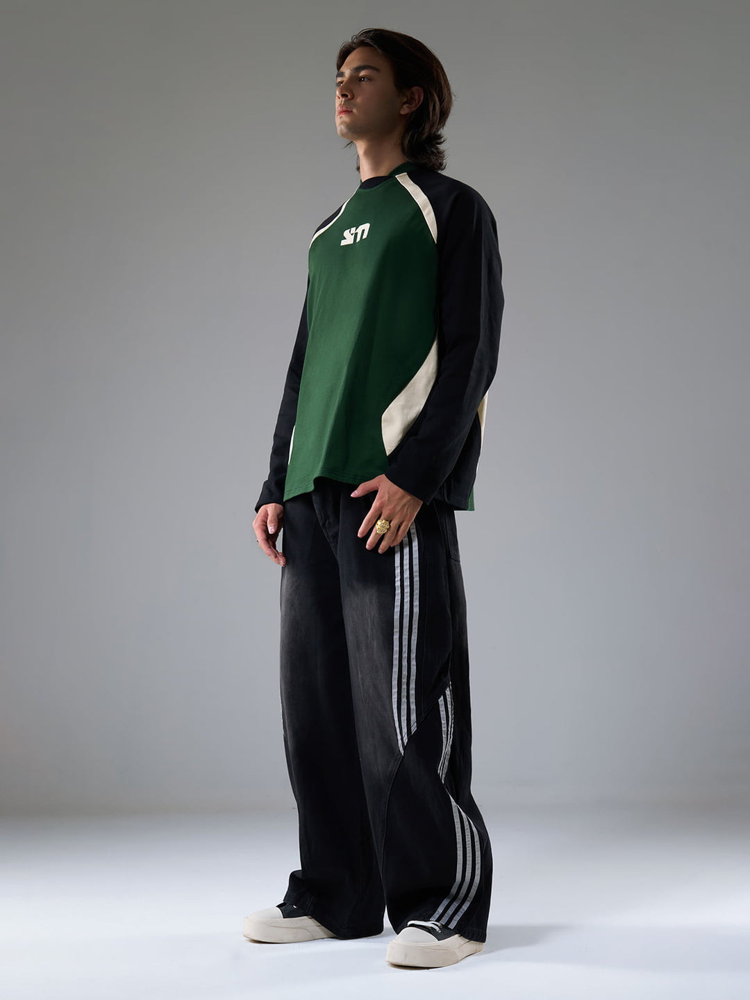 Denim Contrast Striped Stitching Barrel Jeans