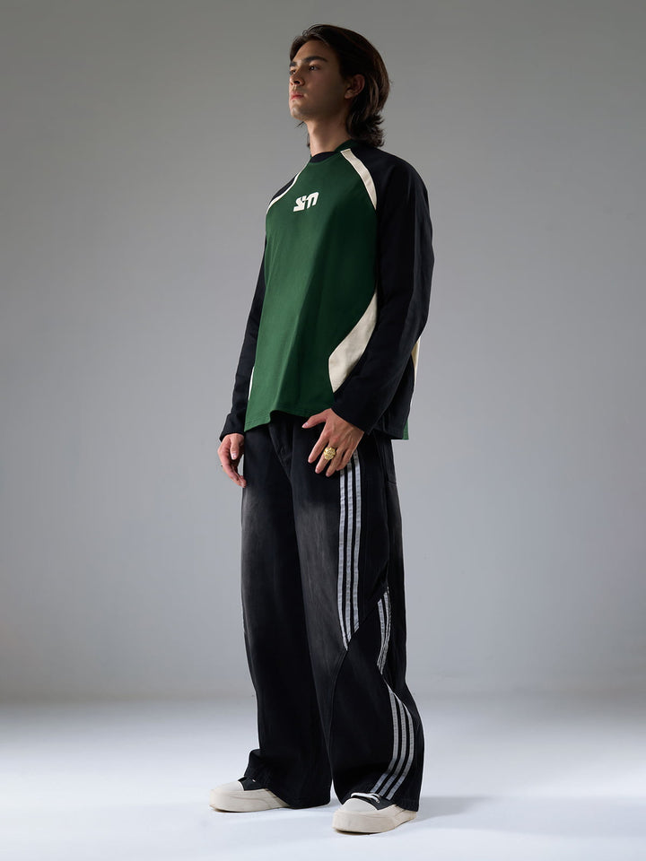 Denim Contrast Striped Stitching Barrel Jeans