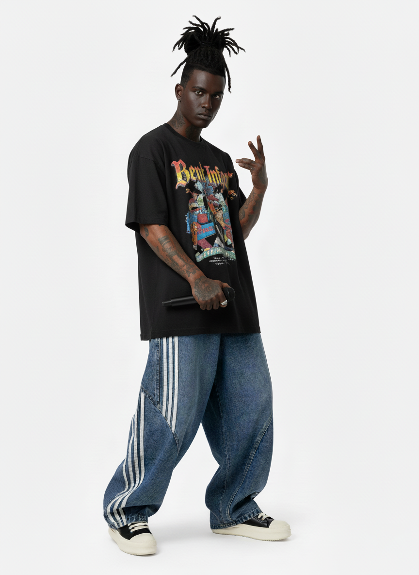 Denim Contrast Striped Stitching Barrel Jeans